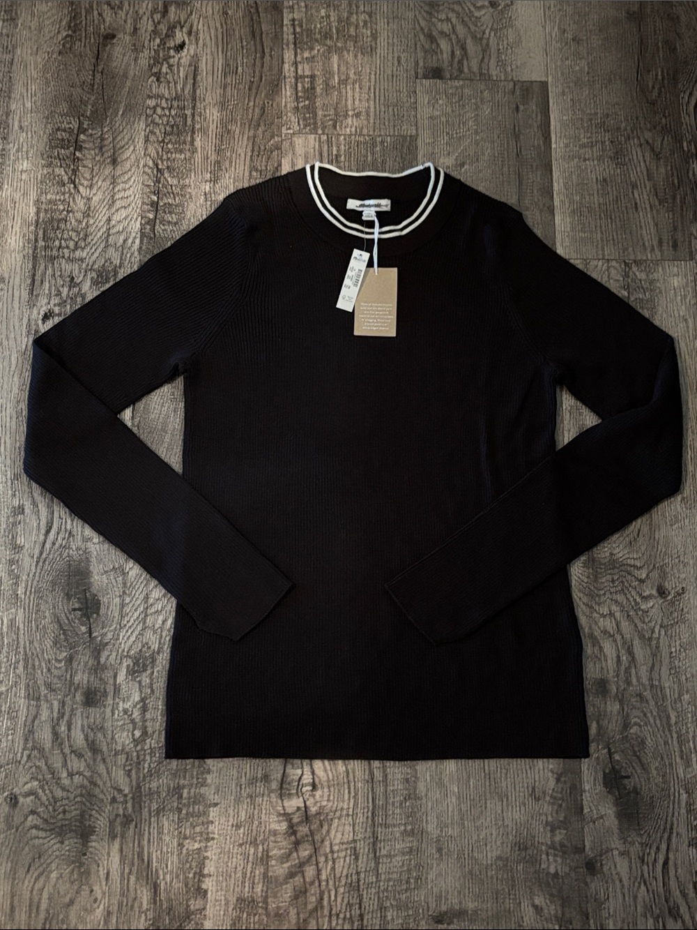 Madewell Ribbed Crewneck Sweater - Brown with White Trim - Size XLarge